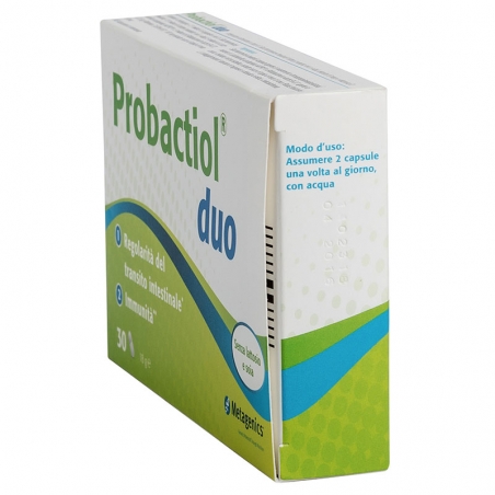 immagine della confezione Integratore Probactiol Duo 30 capsule di Metagenics, modalità d'uso immagine della confezione Integratore Probactiol Duo 30 capsule di Metagenics, modalità d'uso